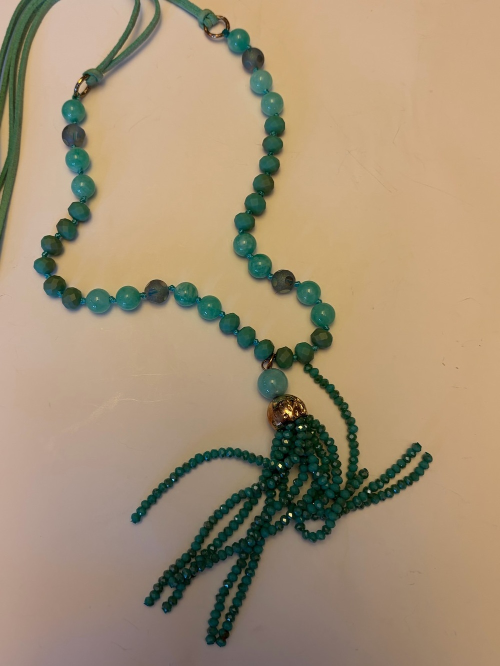 Teal Aqua Glass Beaded Tassel Necklace Long Boho Statement 2010s